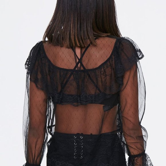 Black Sheer Mesh Lace Trim Top NWT - Picture 4 of 7